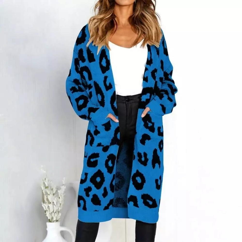 NEW! Blue Leopard Print Long Cardigan Sweater - Picture 4 of 8